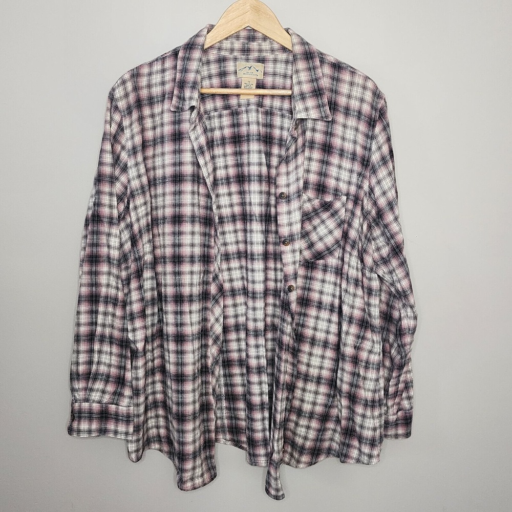 Blue Mountain Flannel Shirt Pink Black White Plaid Cotton Womens 2X